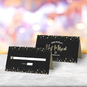 Bat Mitzvah Black Gold Foil Script Confetti Modern Place Card