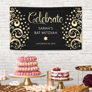 Bat Mitzvah Black Gold Foil Tree of Life Script  Banner