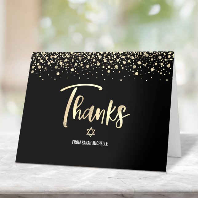 Bat Mitzvah Black Gold Glitter Foil Elegant Script Thank You Card (Creator Uploaded)