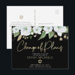 Bat Mitzvah Black Gold Script Floral Watercolor Invitation Postcard<br><div class="desc">Make sure all your friends and relatives will still be able to celebrate your daughter’s milestone Bat Mitzvah, regardless of current global unforeseen circumstances. Send out this chic, personalised “Change of Plans” announcement postcard. A chic, stunning, white and gold glitter floral watercolor with faux gold foil script typography and white...</div>