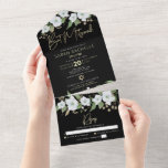 Bat Mitzvah Black Gold Script Watercolor Floral All In One Invitation<br><div class="desc">Be proud, rejoice and showcase this milestone of your favourite Bat Mitzvah with this sophisticated, modern, custom all-in-one invitation for an event to remember. A chic, stunning, white and gold glitter floral watercolor, faux gold foil script typography and white sans serif type overlay a dramatic black background. This all-in-one product...</div>