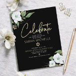 Bat Mitzvah Black Gold Script Watercolor Floral Enclosure Card<br><div class="desc">Be proud, rejoice and showcase this milestone of your favourite Bat Mitzvah! Include this modern, sparkly, personalised insert for additional information to your event. A chic, stunning, white and gold glitter floral watercolor with faux gold foil script typography and white san serif type overlays a dramatic black background. Additional watercolor...</div>