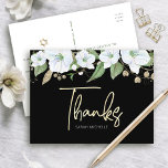 Bat Mitzvah Black Gold Script Watercolor Floral Postcard<br><div class="desc">Make sure your favourite Bat Mitzvah shows her appreciation to all who supported her milestone event! Send out this sophisticated, personalised thank you postcard! A chic, stunning, white and gold glitter floral watercolor with faux gold foil script typography and white san serif type overlays a dramatic black background. A gold...</div>
