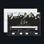 Bat Mitzvah Black Gold Script Watercolor Floral RSVP Card<br><div class="desc">Be proud, rejoice and celebrate this milestone of your favourite Bat Mitzvah with this sophisticated, personalised RSVP insert card for your event! A chic, stunning, white and gold glitter floral watercolor with faux gold foil script typography and white sans serif type overlay a dramatic black background. Additional watercolor flowers and...</div>