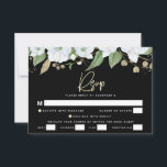 Bat Mitzvah Black Gold Script Watercolor Floral RSVP Card<br><div class="desc">Be proud, rejoice and celebrate this milestone of your favourite Bat Mitzvah with this sophisticated, personalised RSVP insert card for your event! A chic, stunning, white and gold glitter floral watercolor with faux gold foil script typography and white sans serif type overlay a dramatic black background. Additional watercolor flowers and...</div>