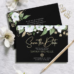 Bat Mitzvah Black Gold Script Watercolor Floral  Save The Date<br><div class="desc">Make sure all your friends and relatives will be able to celebrate your daughter’s milestone Bat Mitzvah! Send out this chic, personalised “Save the Date” announcement card. A chic, stunning, white and gold glitter floral watercolor with faux gold foil script typography and white san serif type overlays a dramatic black...</div>