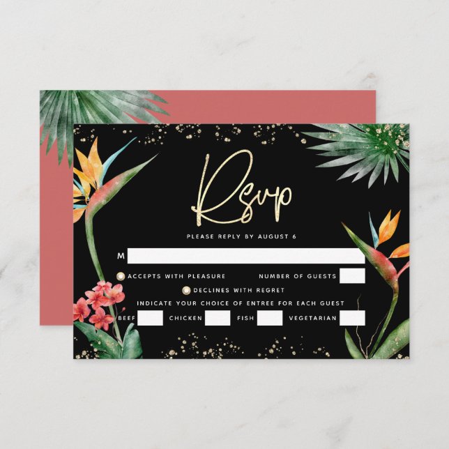 Bat Mitzvah Black Gold Tropical Palm Watercolor RSVP Card (Front/Back)