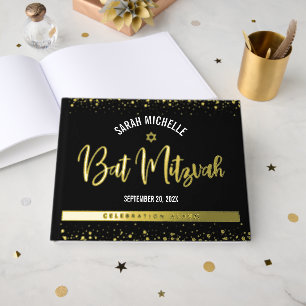 Bat Mitzvah Black Script Modern Real Gold Foil Guest Book