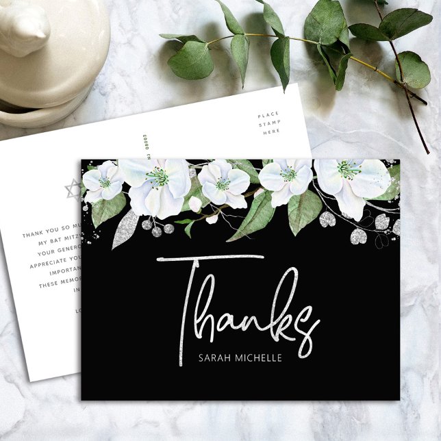 Bat Mitzvah Black Silver Script Floral Thank You Postcard (Creator Uploaded)
