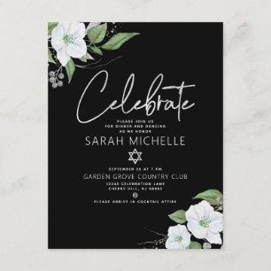 Bat Mitzvah Black Silver Script Watercolor Floral Enclosure Card