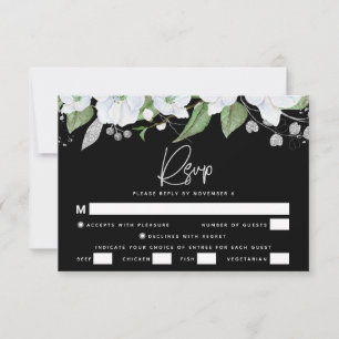 Bat Mitzvah Black Silver Script Watercolor Floral RSVP Card