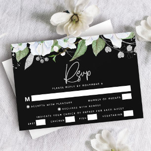Bat Mitzvah Black Silver Script Watercolor Floral RSVP Card