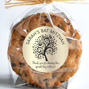 Bat Mitzvah Black Tree of Life Script Gold Foil Classic Round Sticker