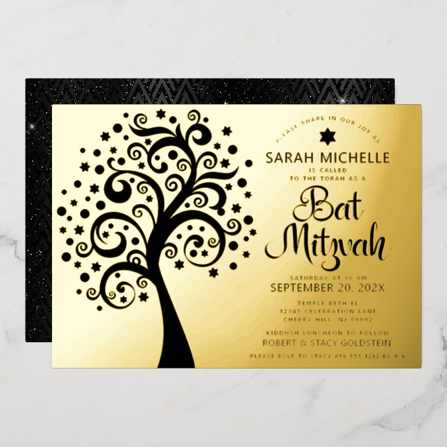Bat Mitzvah Black Tree of Life Script Real Gold (Front/Back)
