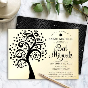 Bat Mitzvah Black Tree of Life Script Real Gold