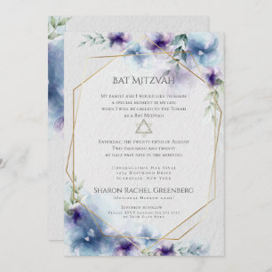 BAT MITZVAH Blue and Violet Watercolor Floral Invitation