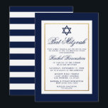 Bat Mitzvah Blue and White Stripes Invitation Gold<br><div class="desc">Bat Mitzvah Blue and Gold Invitation Card - Striped back</div>