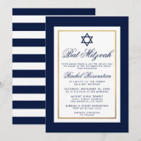 Bat Mitzvah Blue and White Stripes Invitation Gold