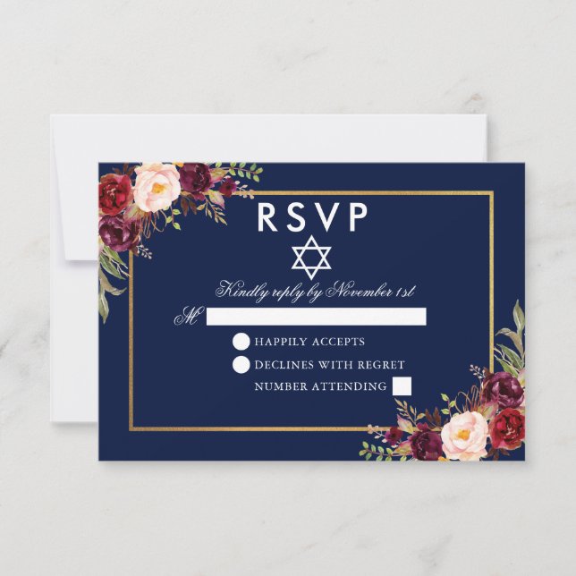 Bat Mitzvah Blue Burgundy Floral Gold RSVP (Front)