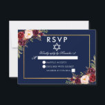Bat Mitzvah Blue Burgundy Floral Gold RSVP Card<br><div class="desc">Watercolor Burgundy Marsala Blue  Floral Gold Bat Mitzvah RSVP Card</div>