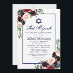 Bat Mitzvah Blue Burgundy Floral Invitation<br><div class="desc">Bat Mitzvah Watercolor Burgundy Marsala Blue Floral Invitation Card</div>