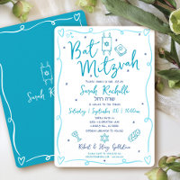 Bat Mitzvah Blue Fun Hand Drawn Doodle Hebrew Name