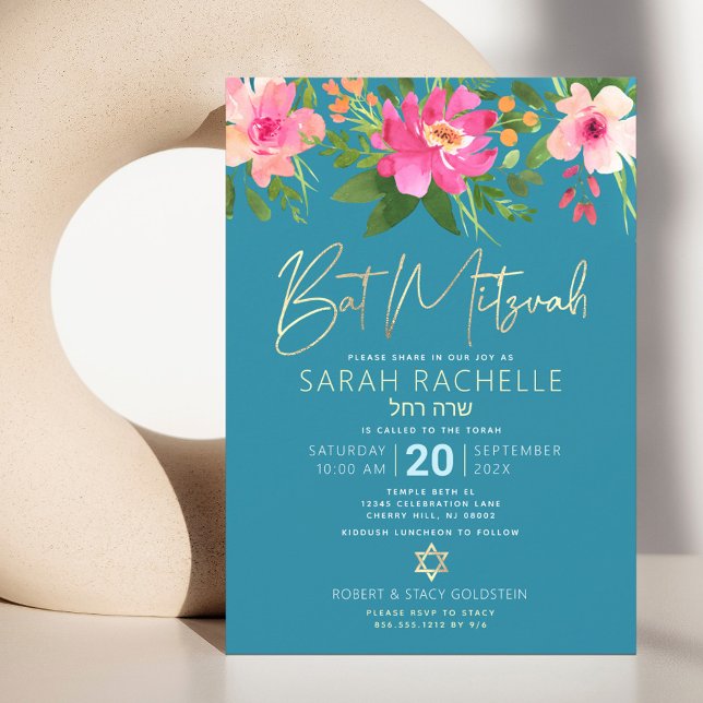 Bat Mitzvah Blue Gold Script Floral Watercolor Invitation (Creator Uploaded)