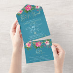 Bat Mitzvah Blue Gold Type Floral Watercolor Party All In One Invitation<br><div class="desc">Be proud, rejoice and showcase this milestone of your favourite Bat Mitzvah! Send out this stunning, modern, custom all-in-one invitation for an event to remember. A chic, stunning, pink and peach floral watercolor with faux gold foil script typography and modern white sans serif type overlay a dusty turquoise teal blue...</div>