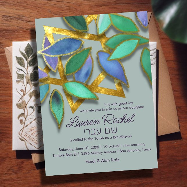 Bat Mitzvah Blue Green Watercolor Petals over Star Invitation (Creator Uploaded)