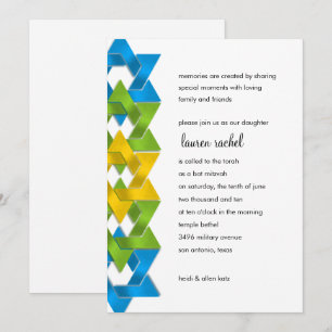 Bat Mitzvah Blue Green Yellow Stars on Any Colour Invitation
