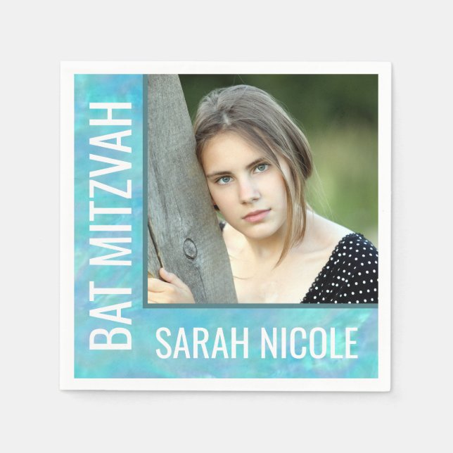 Bat Mitzvah Blue Opal Glam Party Custom Photo Napkin (Front)