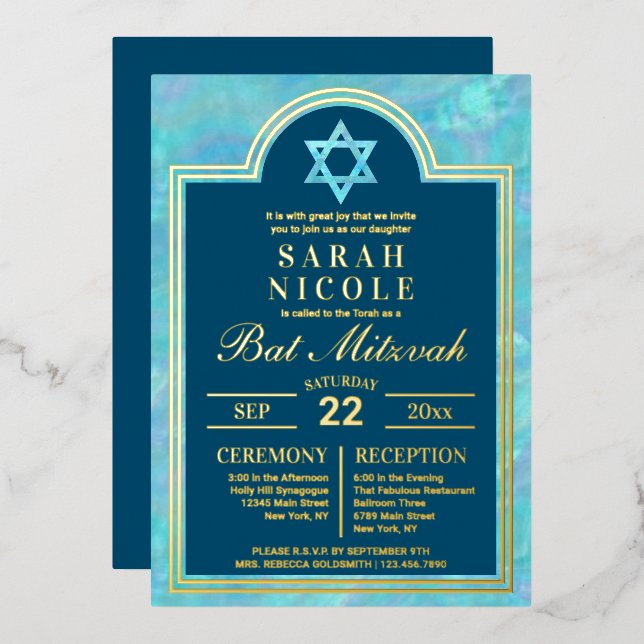 Bat Mitzvah Blue Opal Star Of David Glam Gold (Front/Back)