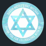 Bat Mitzvah Blue Opal Star Of David Thank You Classic Round Sticker<br><div class="desc">All text on these classic round stickers can be customised, making these faux blue opal Star of David envelope seals perfect for a Bat Mitzvah Thank You favour or for any special occasion you wish to personalise them for. The Magen David fashioned out of faux blue iridescent watercolor pops against...</div>