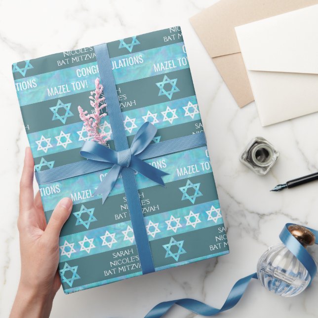 Bat Mitzvah Blue Opal Stylish Stripe Pattern Wrapping Paper (Gifting)