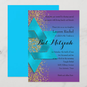 Bat Mitzvah Blue Purple Ombre Faux Gold Glitter Invitation