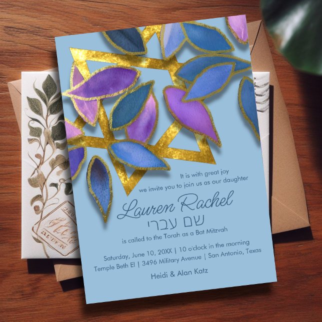 Bat Mitzvah Blue Purple Watercolor Petals Star Invitation (Creator Uploaded)