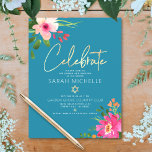 Bat Mitzvah Blue Watercolor Floral Gold Script Enclosure Card<br><div class="desc">Be proud, rejoice and showcase this milestone of your favourite Bat Mitzvah! Include this modern, sparkly, personalised insert for additional information to your event. A stunning, pink and peach floral watercolor with faux gold foil script typography and modern white sans serif type overlay a dusty turquoise teal blue background. Additional...</div>