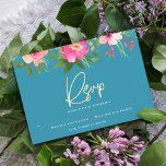 Bat Mitzvah Blue Watercolor Floral Gold Script RSVP Card<br><div class="desc">Be proud, rejoice and celebrate this milestone of your favourite Bat Mitzvah with this sophisticated, personalised RSVP insert card for your event! A stunning, pink and peach floral watercolor with faux gold foil script typography and modern white sans serif type overlay a dusty turquoise teal blue background. Additional watercolor flowers...</div>