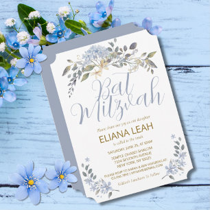 Bat Mitzvah Blue Watercolor Floral Invitation