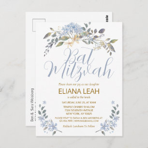 Bat Mitzvah Blue Watercolor Floral Postcard
