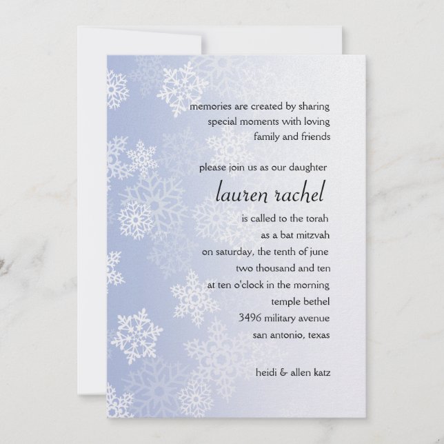 Bat Mitzvah Blue with White Snow Flakes Invitation (Front)