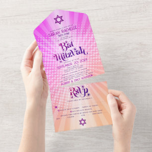 Bat Mitzvah Boho Retro Pink Orange Gradient Bold All In One Invitation