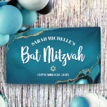 Bat Mitzvah Bold Agate Gold Turquoise Ombre Script Banner<br><div class="desc">Be proud, rejoice and showcase this milestone of your favourite Bat Mitzvah! Hang up this cool, unique, modern, personalised banner to add to her special day. White calligraphy script, bold white sans serif typography, and a faux gold Star of David overlay a deep turquoise teal blue ombre background with turquoise...</div>