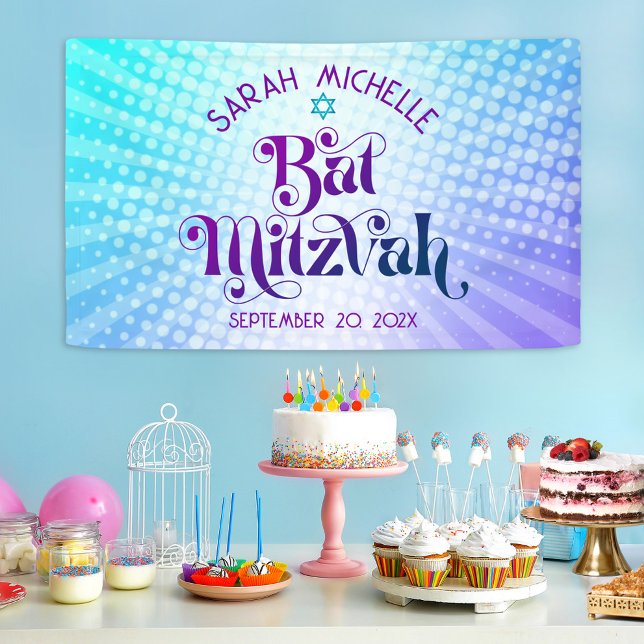 Bat Mitzvah Bold Boho Retro Blue Purple Gradient Banner (Creator Uploaded)