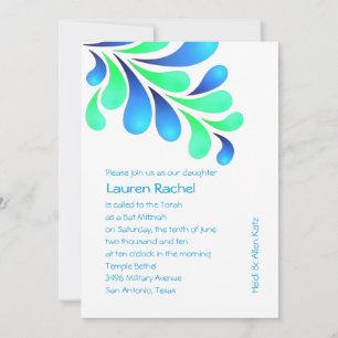 Bat Mitzvah Bold Plume Blue Green on Any Colour Invitation