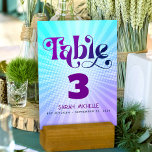 Bat Mitzvah Bold Retro Boho Blue Purple Gradient Table Number<br><div class="desc">No Bat Mitzvah party is complete without personalised table number cards. Let your daughter be proud, rejoice and celebrate her milestone at her perfectly coordinated party. Fun, trendy, bold purple and navy blue typography with modern sans serif typography overlay a background of pop light turquoise and purple ombre gradient rays...</div>