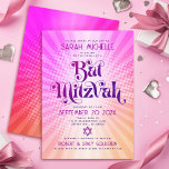 Bat Mitzvah Bold Retro Boho Pink Orange Gradient Invitation<br><div class="desc">Be proud, rejoice and showcase this milestone of your favourite Bat Mitzvah with this fun boho retro, personalised invitation! Fun, trendy, bold dark hot pink and purple typography with modern sans serif typography overlay a background of pop light orange and pink ombre gradient rays with white dots. On the back,...</div>