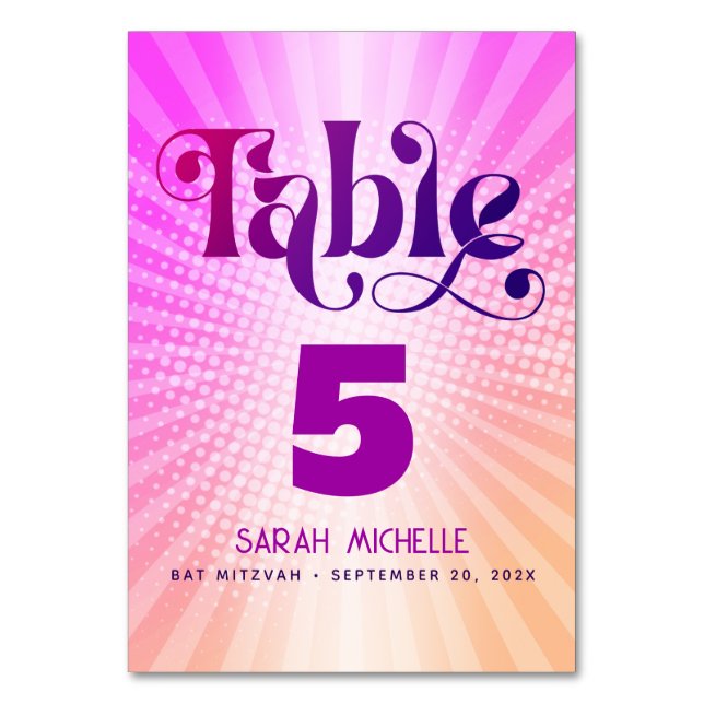 Bat Mitzvah Bold Retro Boho Pink Orange Gradient Table Number (Front)