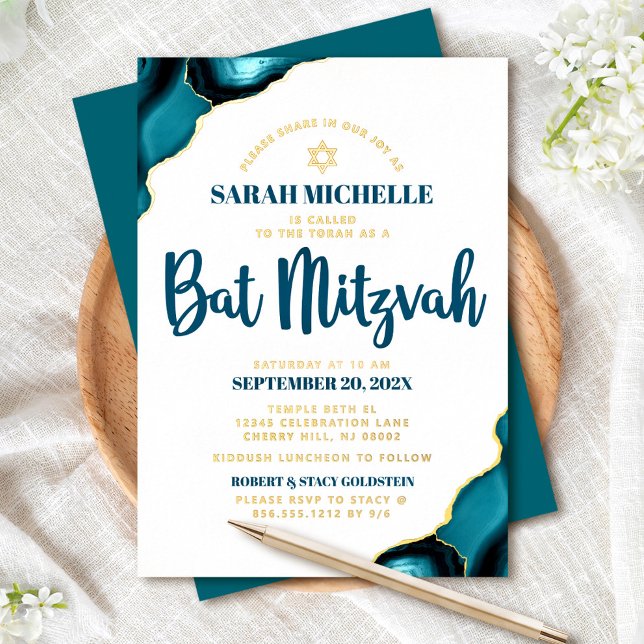 Bat Mitzvah Bold Turquoise Agate Script Real Gold (Creator Uploaded)