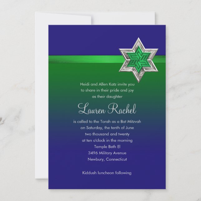 Bat Mitzvah Bright Blue & Green Ombre Ribbon Star Invitation (Front)